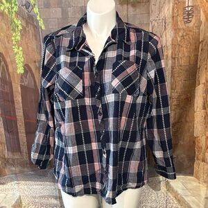 Krazy Kat Navy and Pink Plaid Button Down Shirt